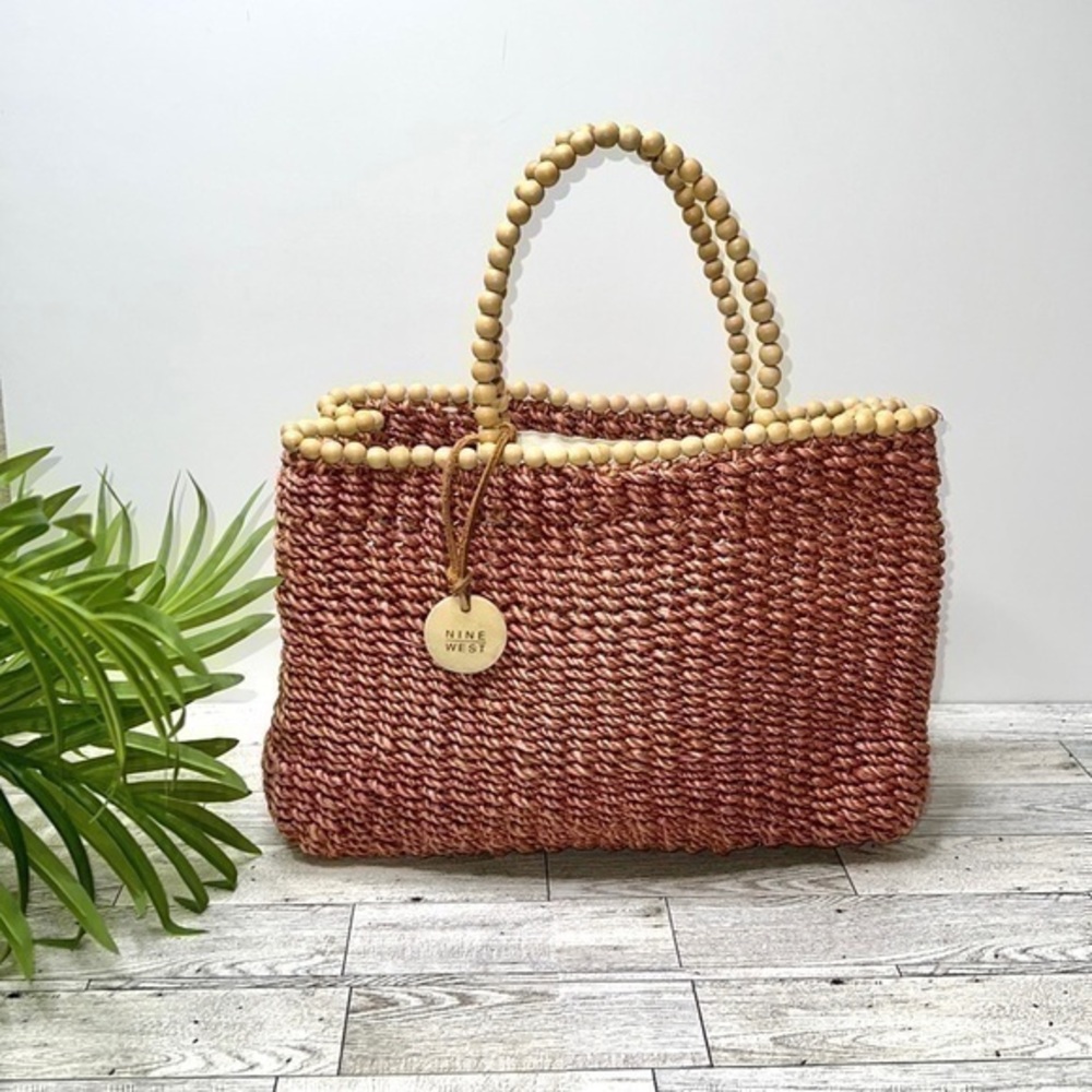 Nine West Pink Straw Woven Handbag with Wooden Bead Handles
